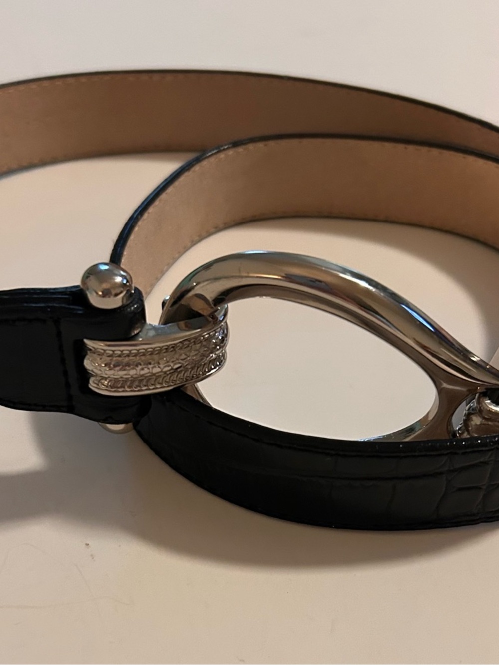 Black Leather Women’s Belt with Silver Tone Captains Hook Closure